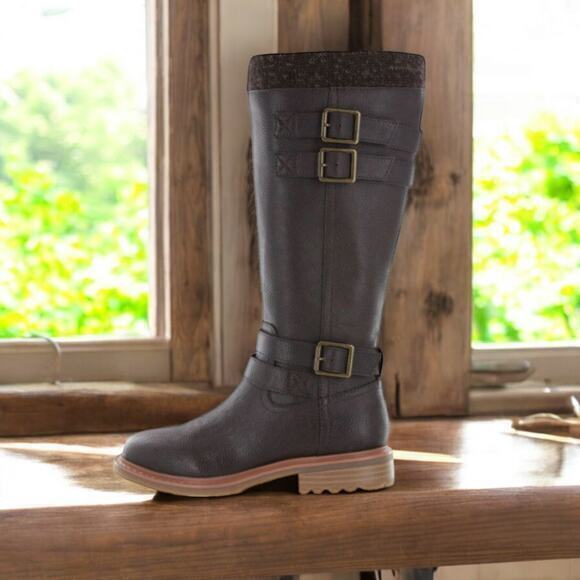 NEW MIA Riding Tall Knee Boots Buckles Size 7.5 Zip Up Brown‎ Vegan Faux Leather - Picture 1 of 10